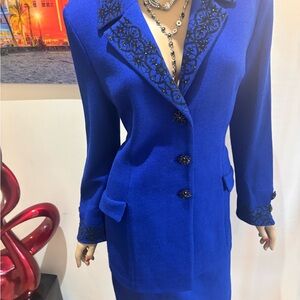 St. John Cobalt Blue electric skirt suit  with Embroidered Trim 10 M evening